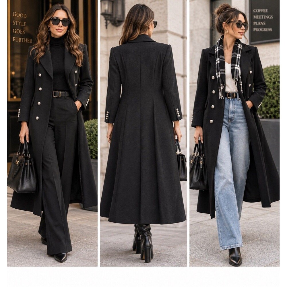 Vintage Emporio Armani Black 100% Wool Maxi Coat 46 Military Goth Mob Wife